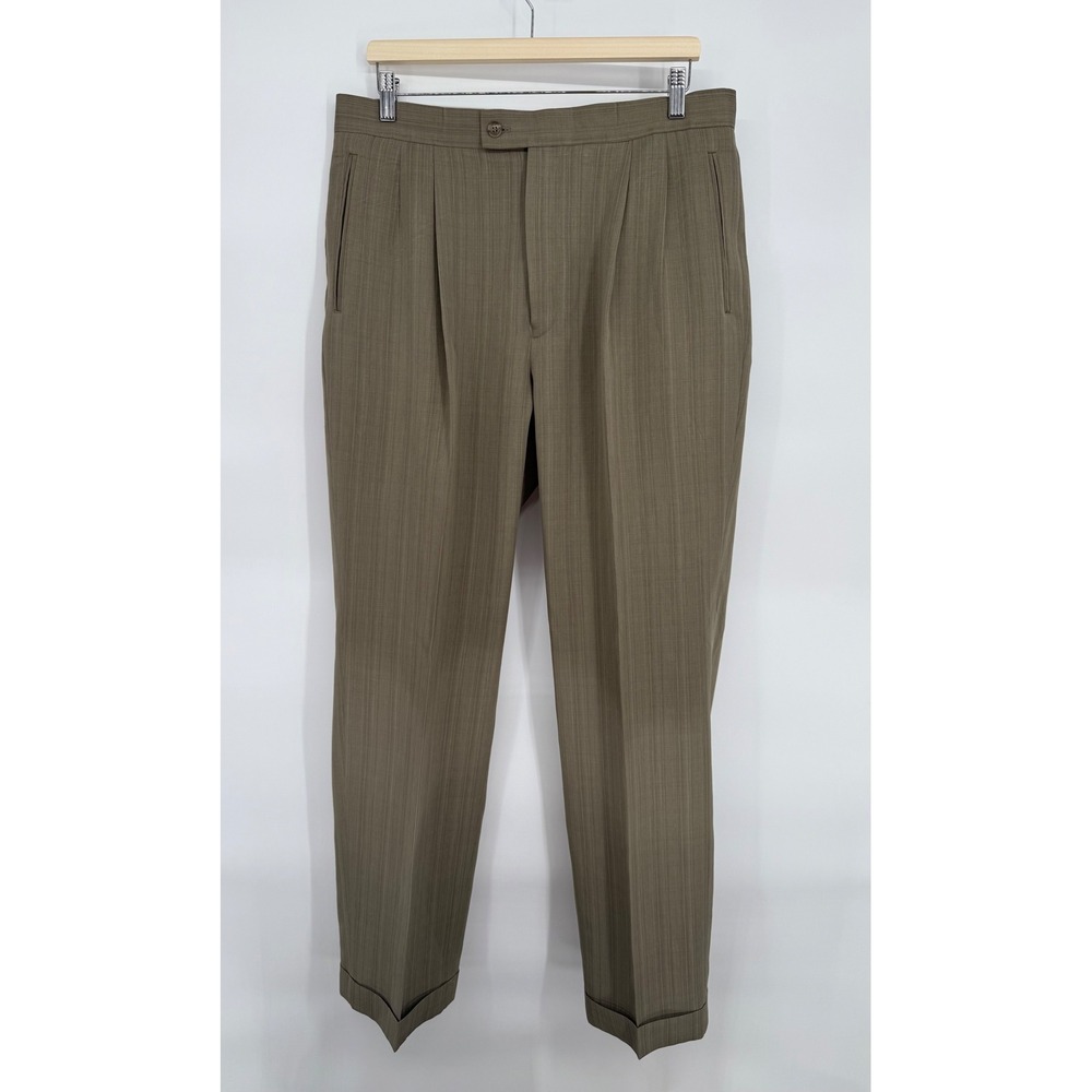Louis‎ Raphael Tailored Pleated Striped Dress Pants Men 34x32 Khaki Tan